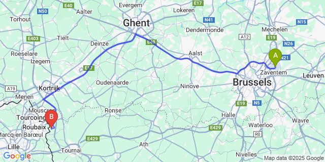 Map: Brussels Zaventem Airport (BRU) to Estaimpuis