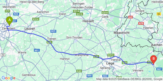 Map: Brussels Zaventem Airport (BRU) to Eupen