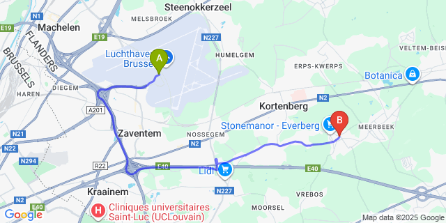 Map: Brussels Zaventem Airport (BRU) to Everberg