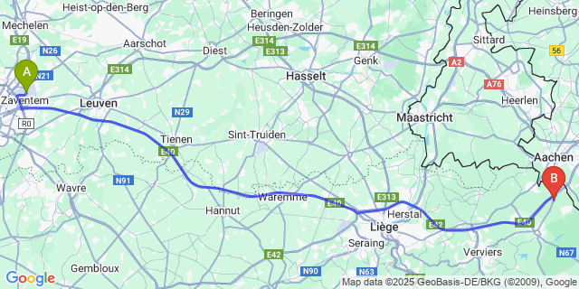 Map: Brussels Zaventem Airport (BRU) to Eynatten