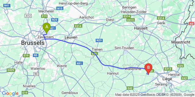 Map: Brussels Zaventem Airport (BRU) to Fexhe-le-Haut-Clocher