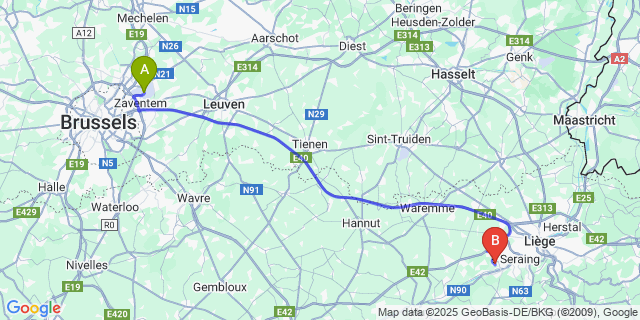 Map: Brussels Zaventem Airport (BRU) to Flémalle-Haute