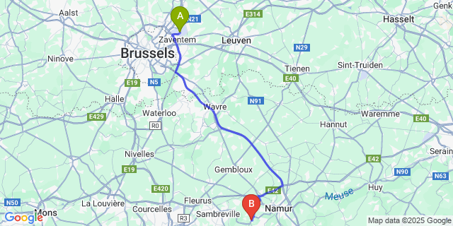 Map: Brussels Zaventem Airport (BRU) to Floreffe