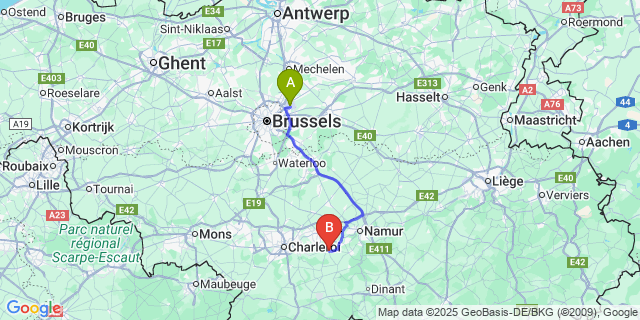 Map: Brussels Zaventem Airport (BRU) to Fosses-la-Ville