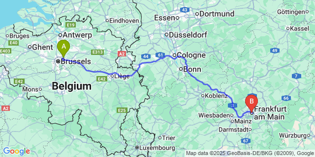 Map: Brussels Zaventem Airport (BRU) to Frankfurt city (all areas)