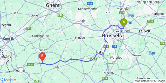 Map: Brussels Zaventem Airport (BRU) to Frasnes-lez-Buissenal