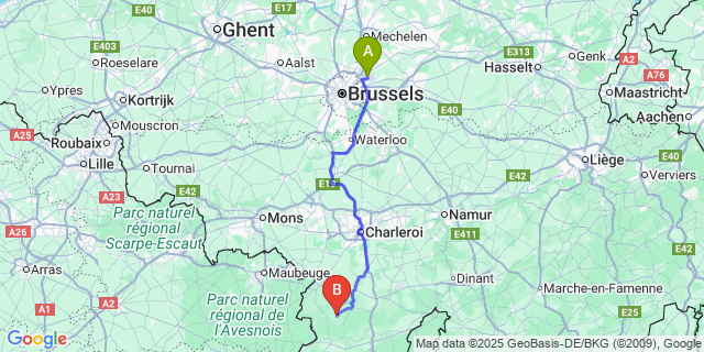 Map: Brussels Zaventem Airport (BRU) to Froidchapelle