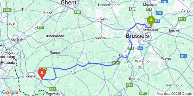 Map: Brussels Zaventem Airport (BRU) to Gaurain-Ramecroix