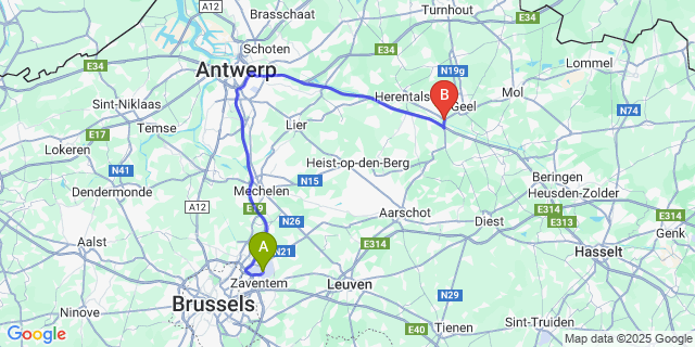 Map: Brussels Zaventem Airport (BRU) to Geel Punt