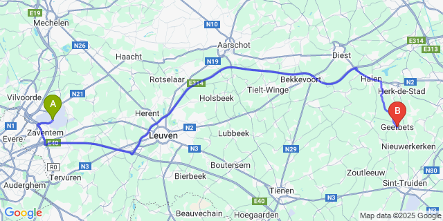 Map: Brussels Zaventem Airport (BRU) to Geetbets