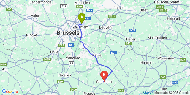 Map: Brussels Zaventem Airport (BRU) to Gembloux