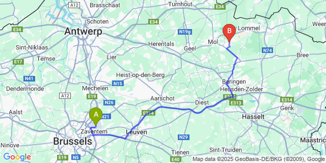 Map: Brussels Zaventem Airport (BRU) to Gerheide