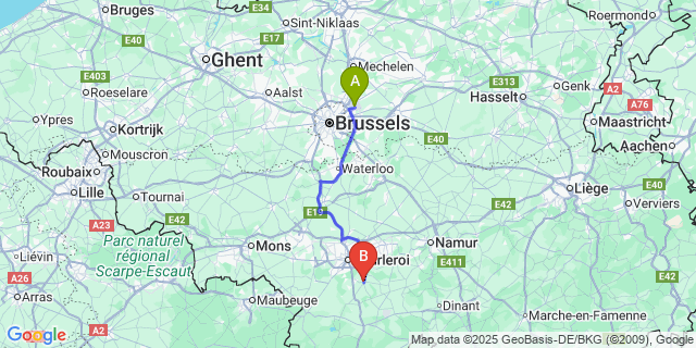 Map: Brussels Zaventem Airport (BRU) to Gerpinnes