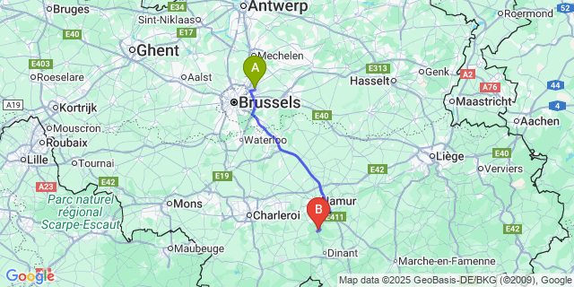 Map: Brussels Zaventem Airport (BRU) to Godinne