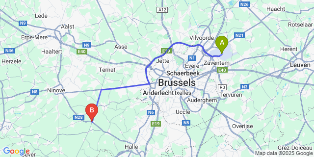 Map: Brussels Zaventem Airport (BRU) to Gooik
