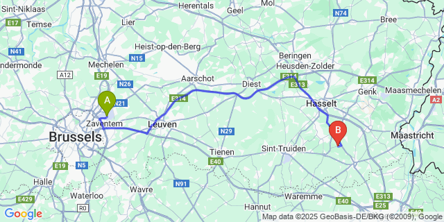 Map: Brussels Zaventem Airport (BRU) to Gors-Opleeuw