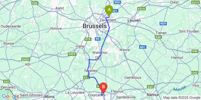 Map: Brussels Zaventem Airport (BRU) to Gosselies