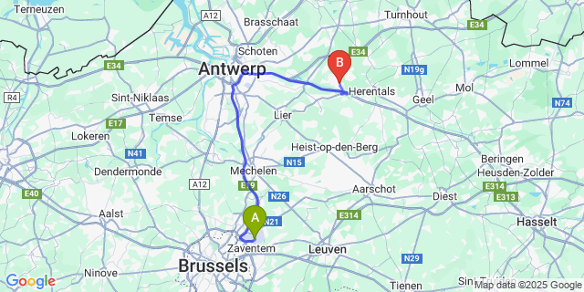 Map: Brussels Zaventem Airport (BRU) to Grobbendonk