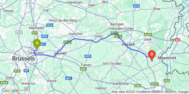 Map: Brussels Zaventem Airport (BRU) to Grote-Spouwen