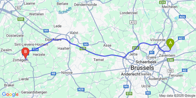 Map: Brussels Zaventem Airport (BRU) to Grotenberge