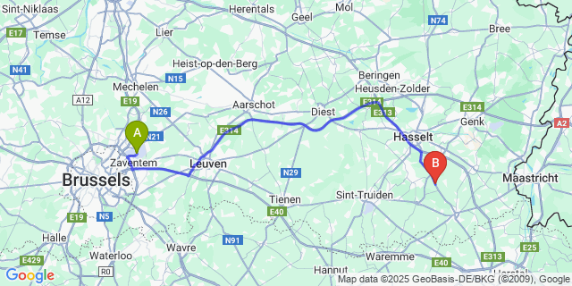 Map: Brussels Zaventem Airport (BRU) to Guigoven