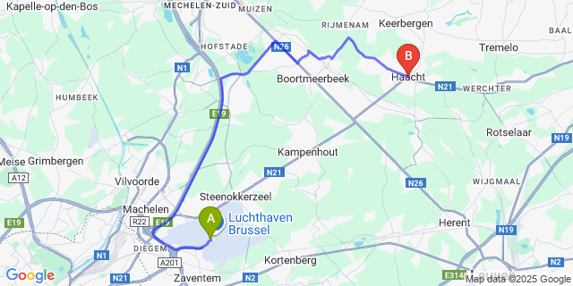 Map: Brussels Zaventem Airport (BRU) to Haacht