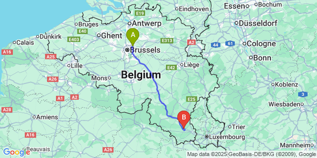 Map: Brussels Zaventem Airport (BRU) to Habay-la-Vieille