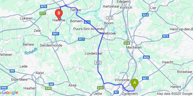 Map: Brussels Zaventem Airport (BRU) to Hamme