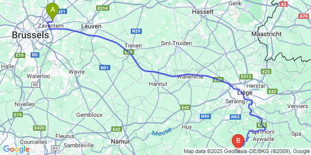 Map: Brussels Zaventem Airport (BRU) to Hamoir