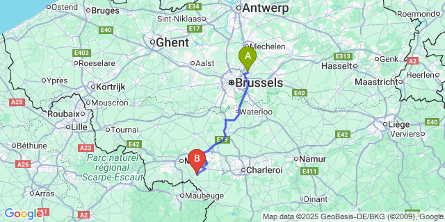 Map: Brussels Zaventem Airport (BRU) to Haulchin