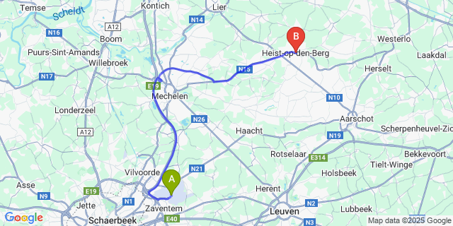 Map: Brussels Zaventem Airport (BRU) to Heist-op-den-Berg