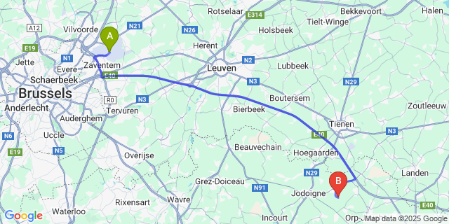 Map: Brussels Zaventem Airport (BRU) to Herbais