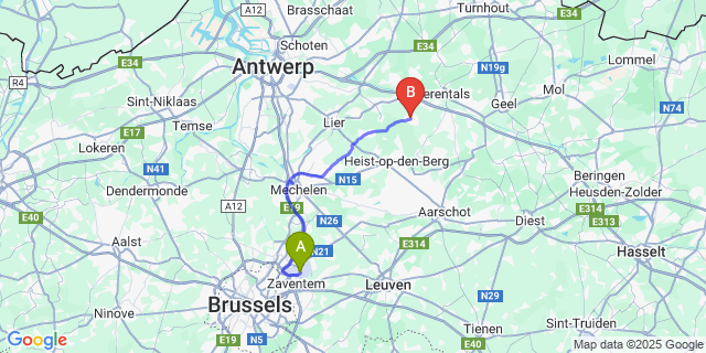 Map: Brussels Zaventem Airport (BRU) to Herenthout