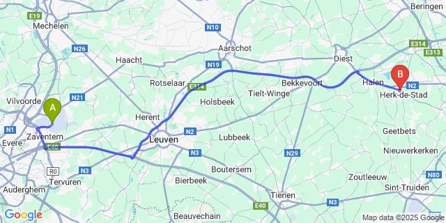 Map: Brussels Zaventem Airport (BRU) to Herk-de-Stad