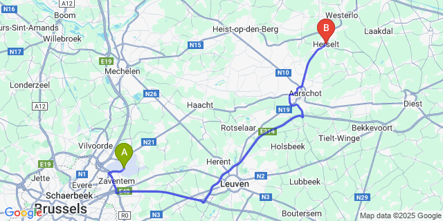 Map: Brussels Zaventem Airport (BRU) to Herselt