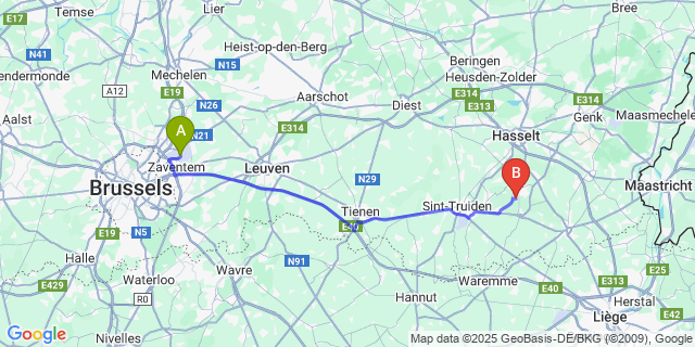Map: Brussels Zaventem Airport (BRU) to Herten
