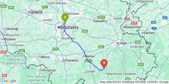 Map: Brussels Zaventem Airport (BRU) to Heure-en-Famenne