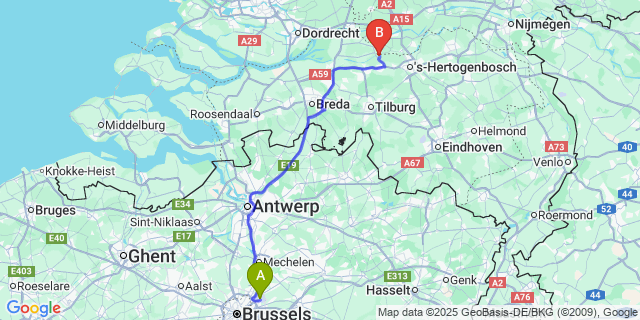 Map: Brussels Zaventem Airport (BRU) to Heusden