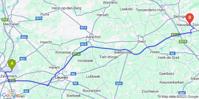 Map: Brussels Zaventem Airport (BRU) to Heusden-Zolder