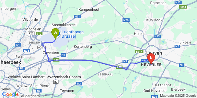 Map: Brussels Zaventem Airport (BRU) to Heverlee