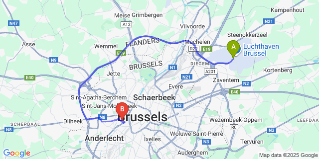 Map: Brussels Zaventem Airport (BRU) to Hey-Aparthotel Brussels