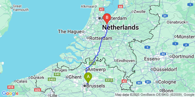 Map: Brussels Zaventem Airport (BRU) to Hilversum