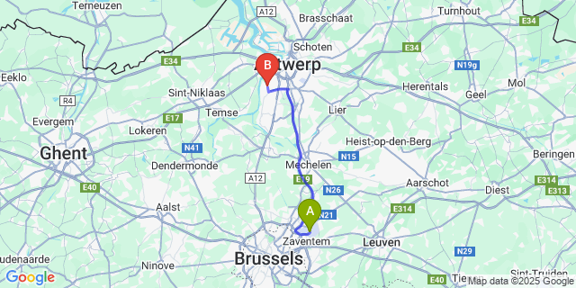 Map: Brussels Zaventem Airport (BRU) to Hoboken
