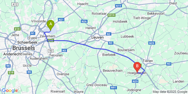 Map: Brussels Zaventem Airport (BRU) to Hoegaarden