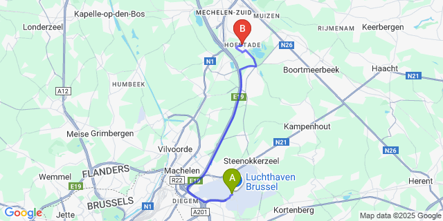 Map: Brussels Zaventem Airport (BRU) to Hofstade