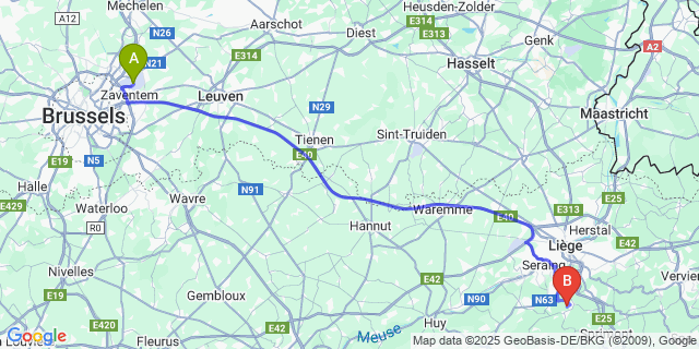 Map: Brussels Zaventem Airport (BRU) to Hony