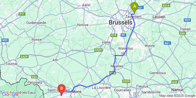 Map: Brussels Zaventem Airport (BRU) to Hornu
