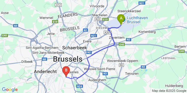 Map: Brussels Zaventem Airport (BRU) to Hotel Catalonia Brussels