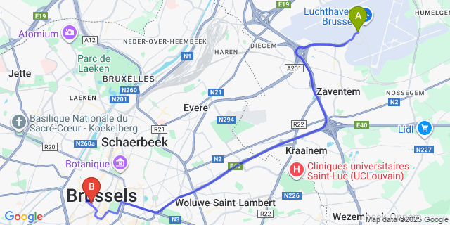 Map: Brussels Zaventem Airport (BRU) to Hotel Mozart, Brussels