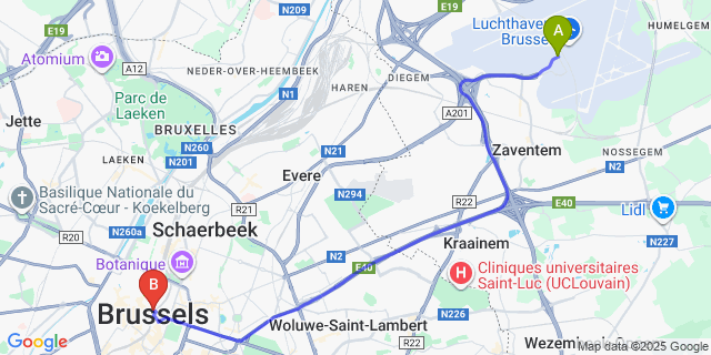 Map: Brussels Zaventem Airport (BRU) to Hotel NH Brussels Grand Place Arenberg